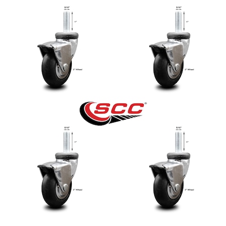 Service Caster 3 Inch Hooded Neoprene Rubber 5/16 Inch Threaded Stem Casters with Brakes, 4PK SCC-TS03S310-NPRB-BC-B-5161810-4